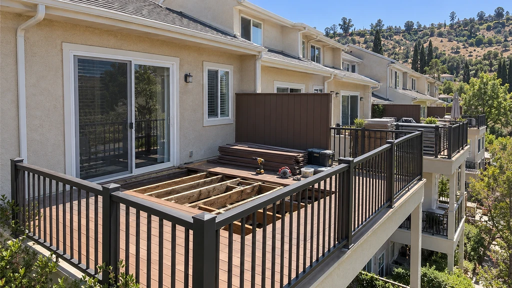 Balcony decking replacement in progress at a Morgan Hill HOA townhome, wood boards removed and composite boards staged