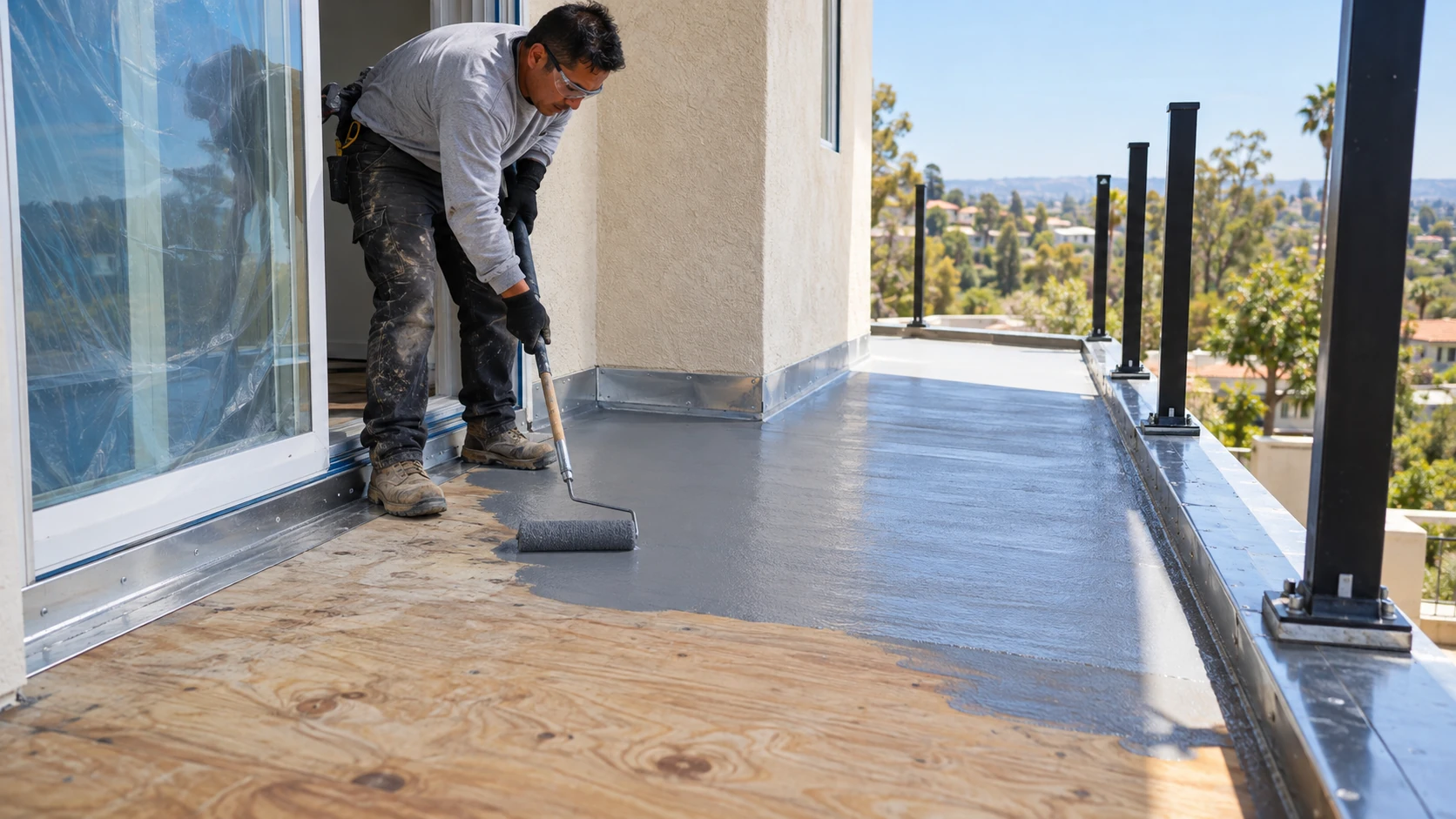Worker rolling a waterproof coating onto a new balcony deck with railing posts