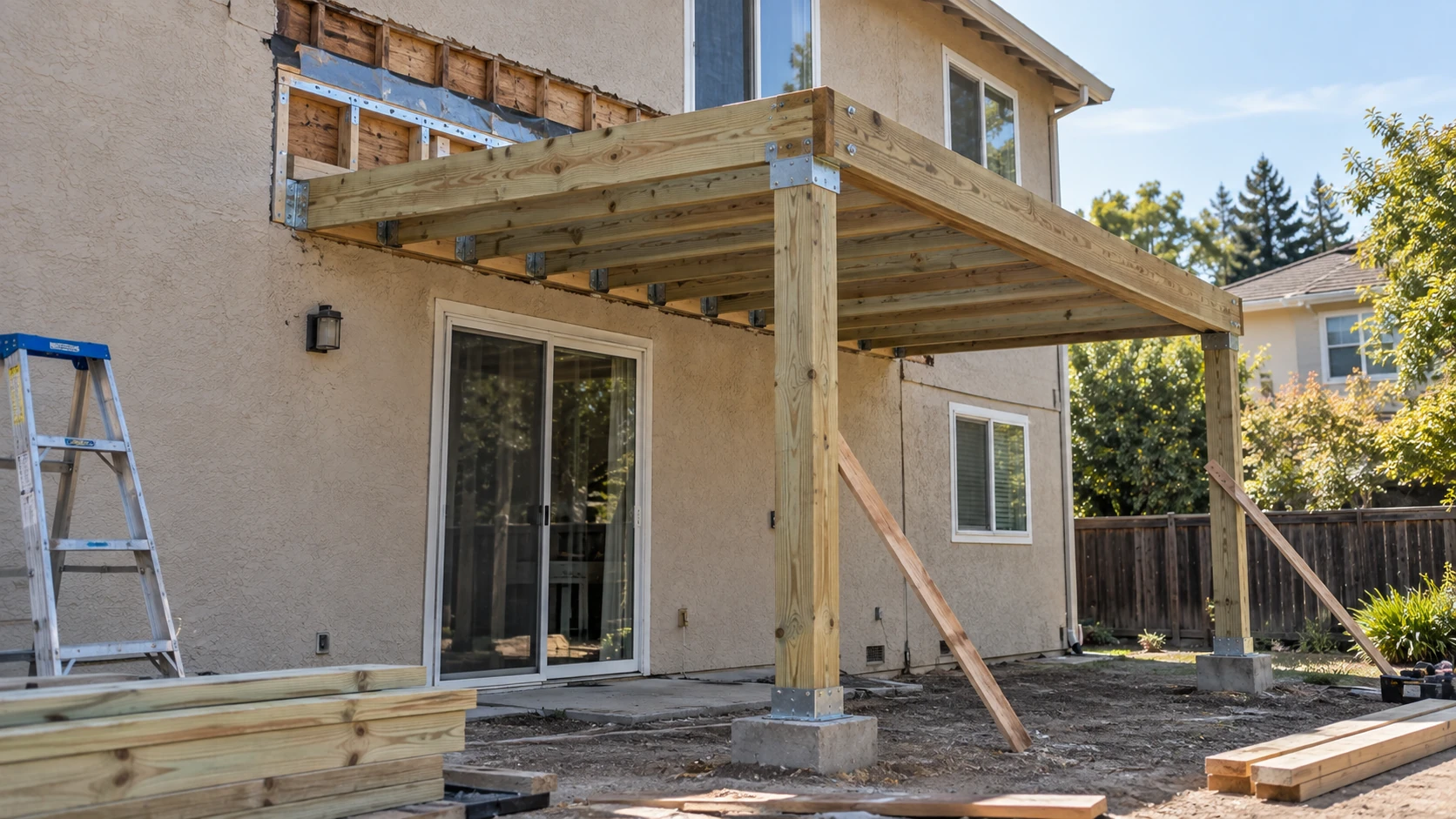 New balcony frame of pressure-treated beams on posts against a stucco house