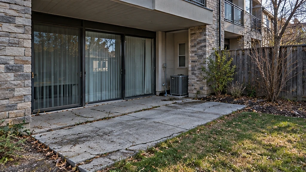Cracked, stained concrete slab patio at a ground-floor unit with grass growing through the joints
