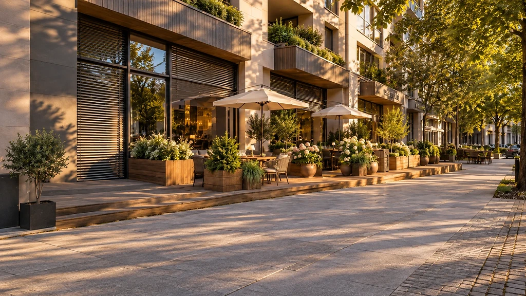 Ground-floor frontage of a mixed-use building in Oakland with a low wood deck, planters and outdoor seating
