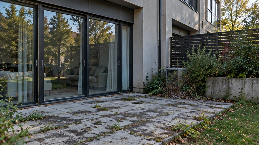 Stained concrete paver patio with weeds in the joints outside sliding doors at a ground-floor unit in Oakland