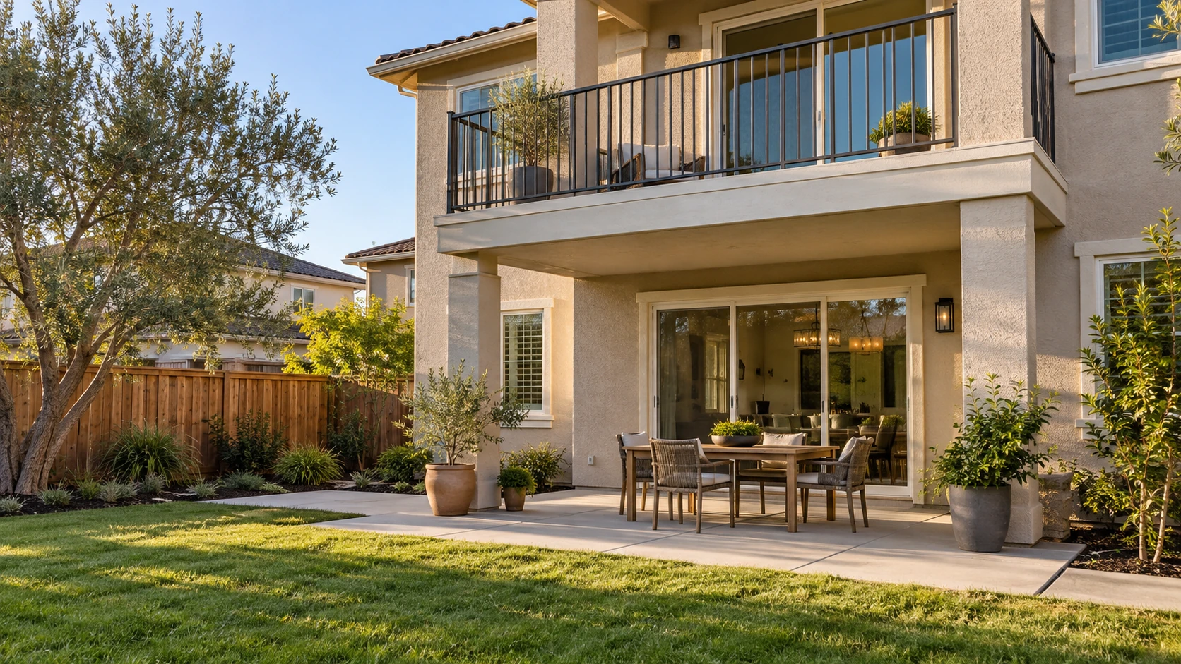 House with a second-floor balcony above a ground-level patio with a dining table