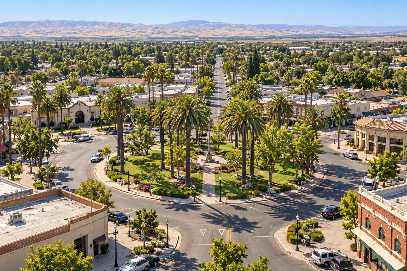 Downtown Patterson, California, and its circular plaza with radial streets