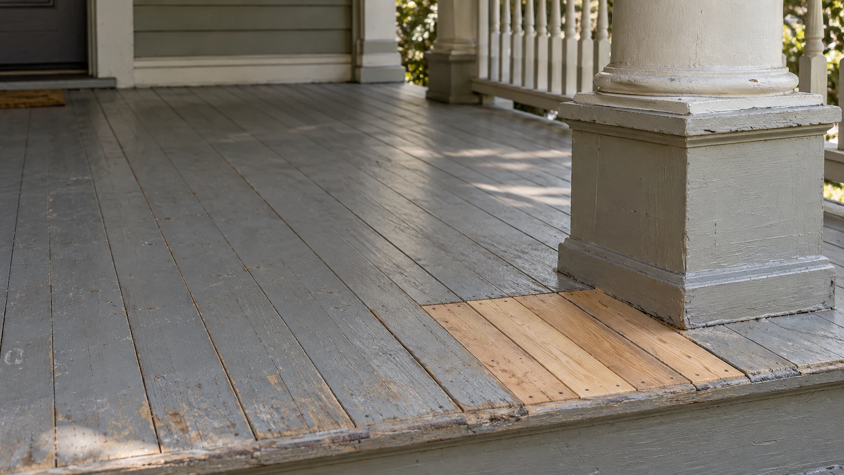 Painted wood porch floor with a section of new replacement boards beside a column