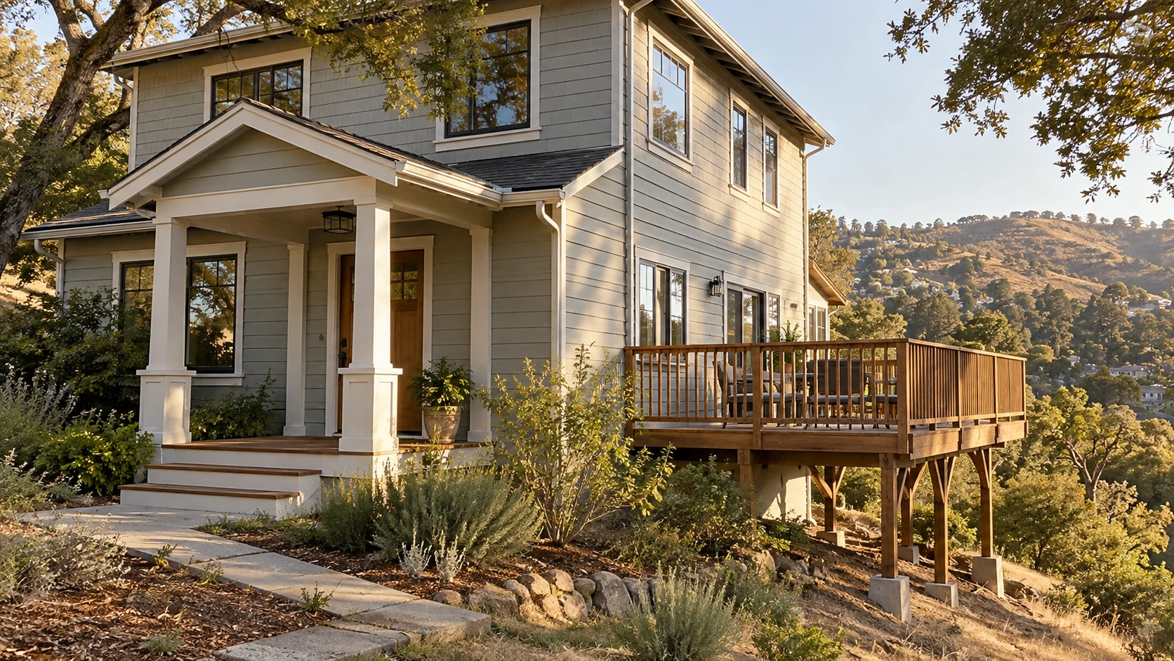House with a covered front porch and an elevated wood deck on the hillside