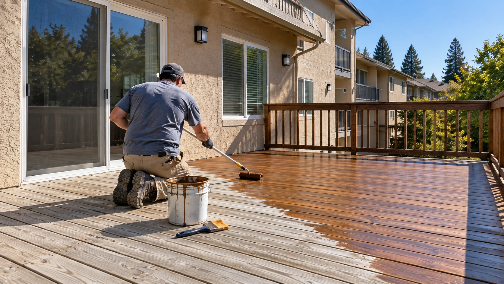 Worker applying stain to a pressure-treated wood deck