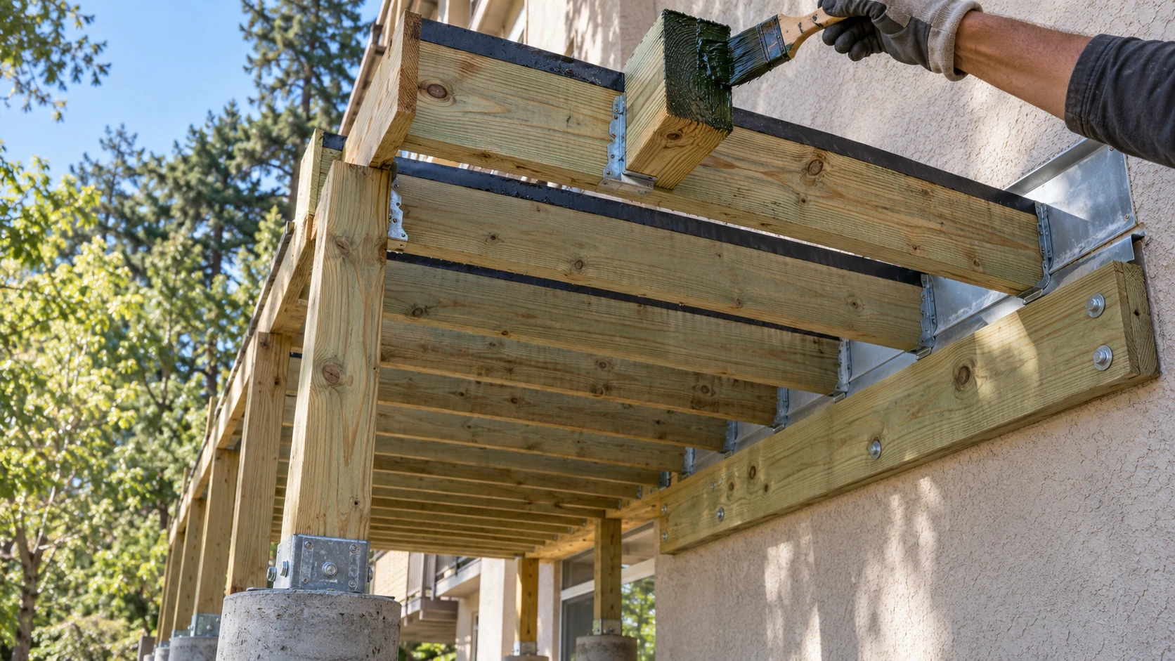 Worker brushing end-cut preservative onto a pressure-treated joist under a deck