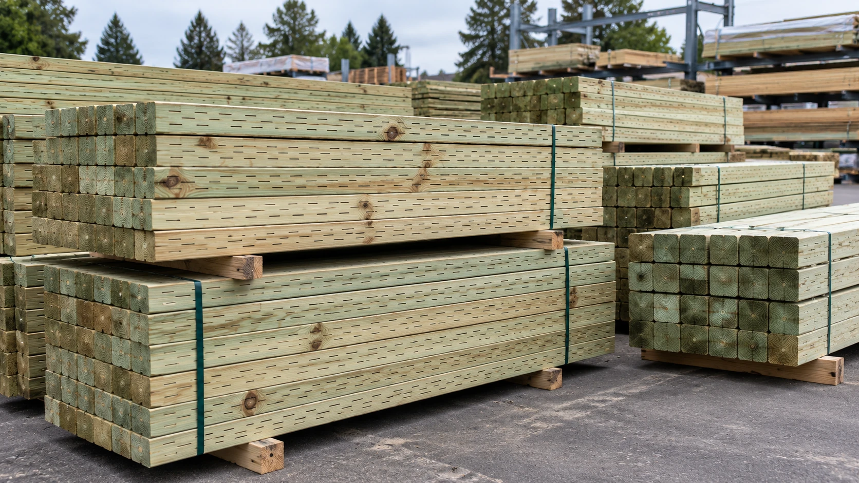 Bundles of pressure-treated lumber stacked in a lumber yard