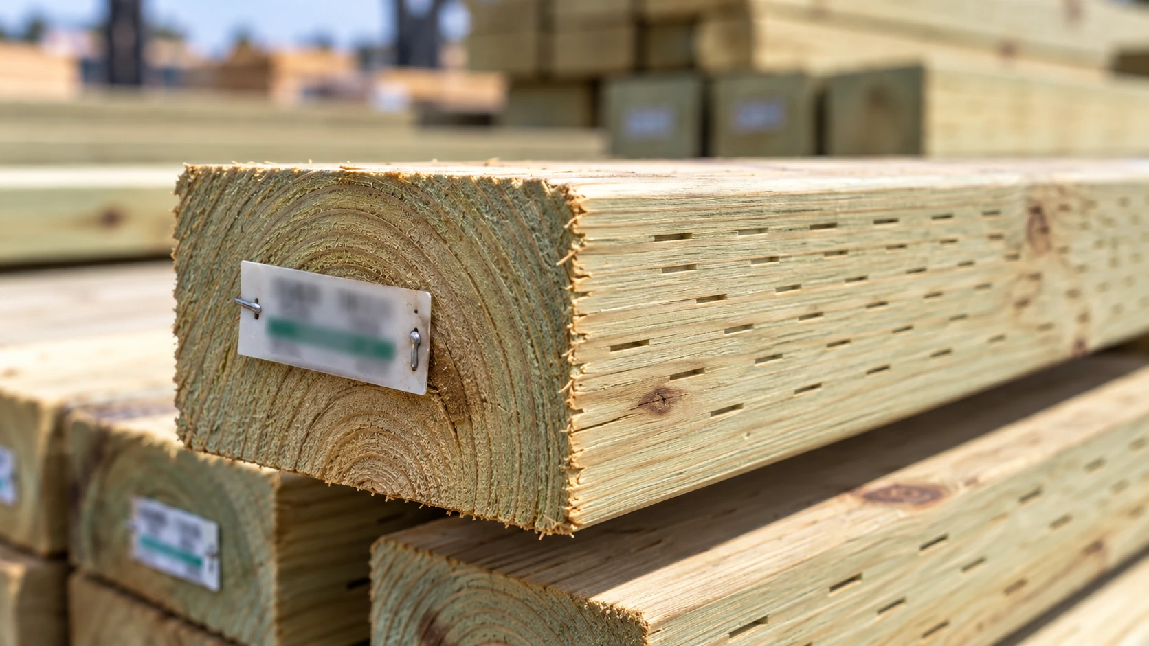 Close-up of pressure-treated lumber with incising marks and an end tag