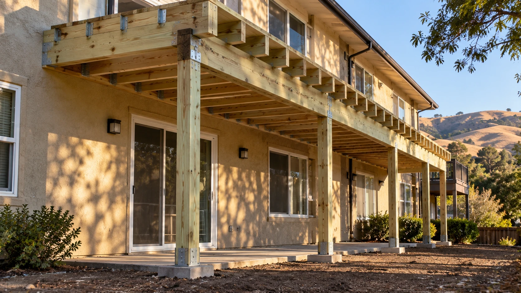 Pressure-treated lumber frame with posts and joists supporting a second-floor deck