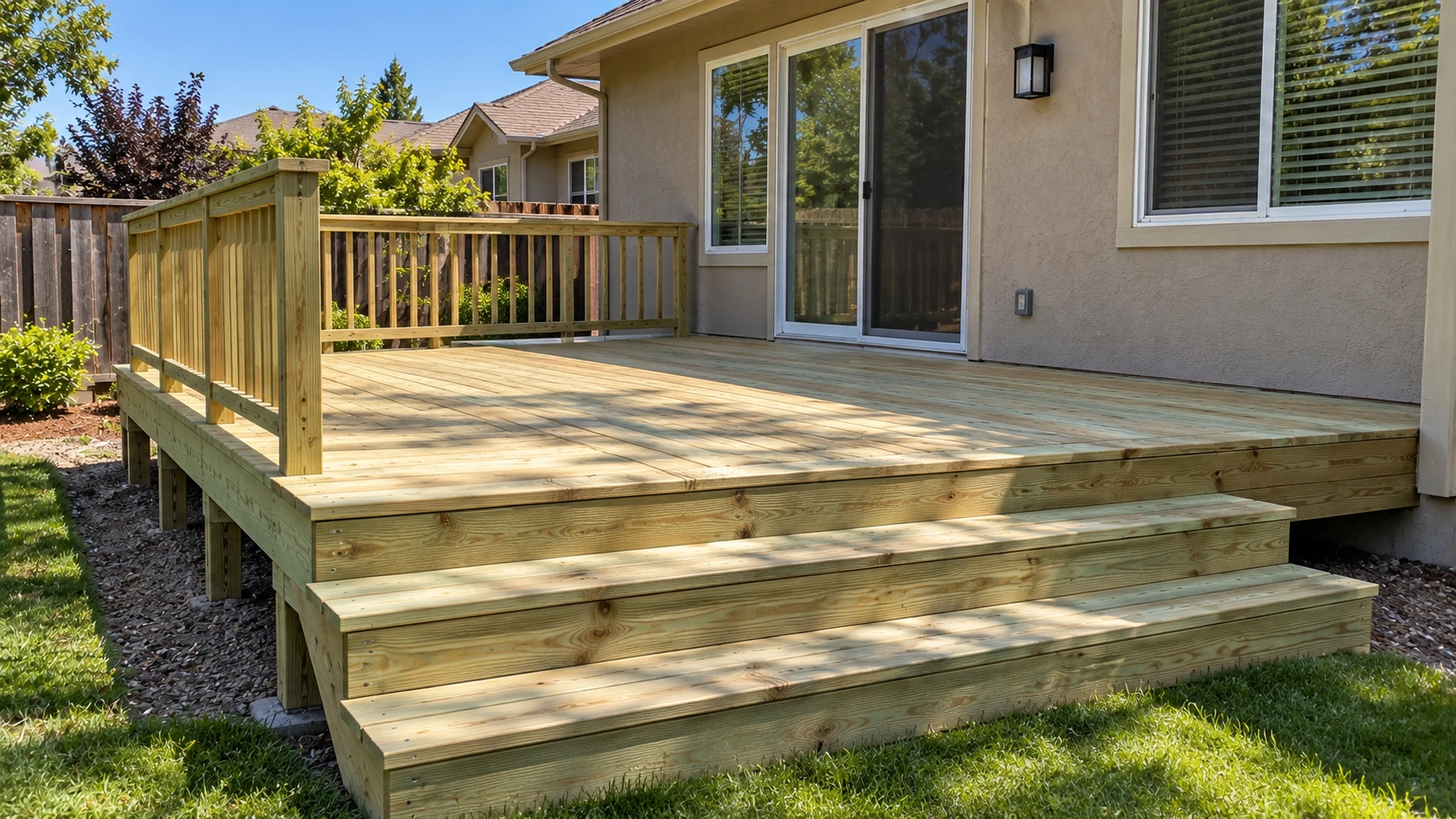 New pressure-treated wood deck with a railing and steps behind a house