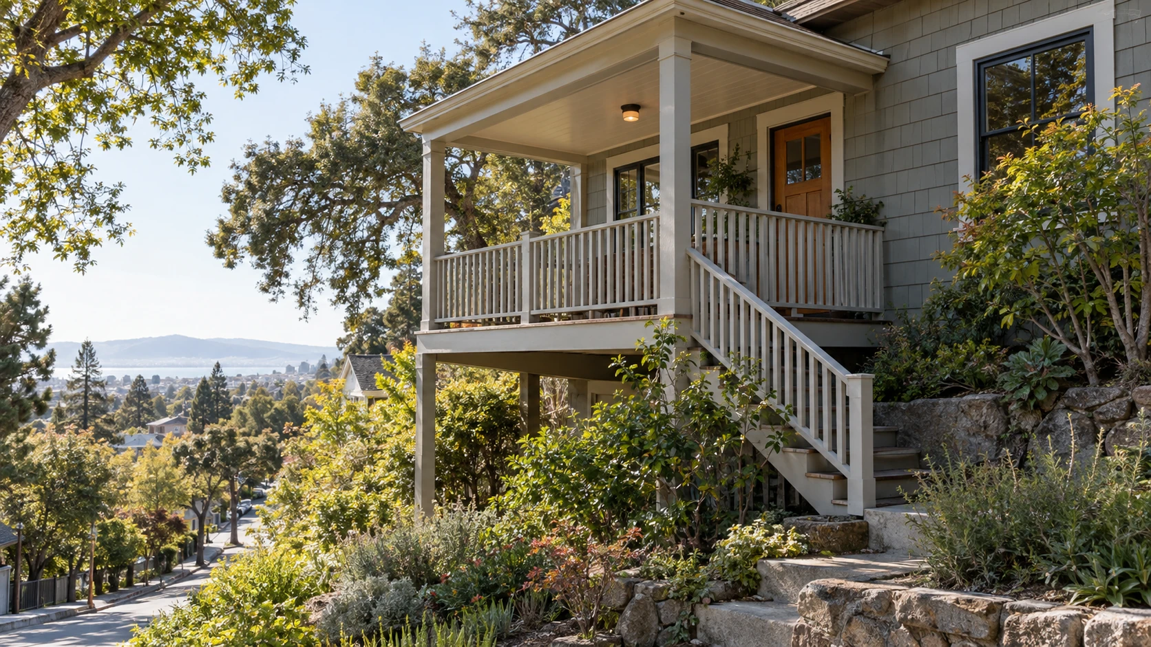 Covered raised porch with a white railing and stairs on a hillside house