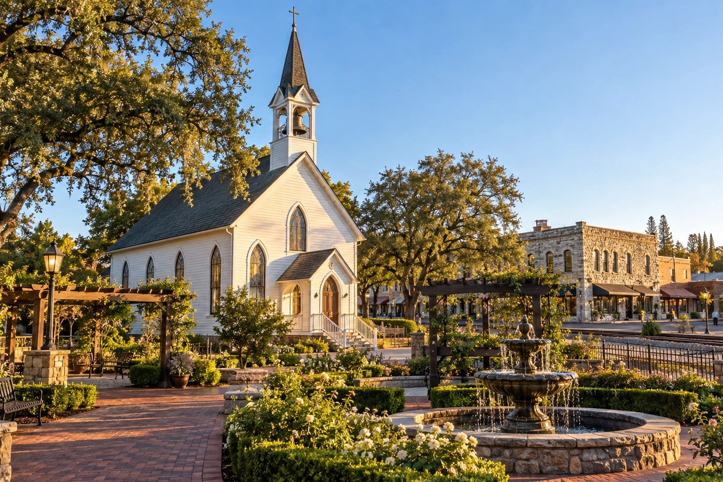 Historic white chapel and garden fountain in Rocklin, California