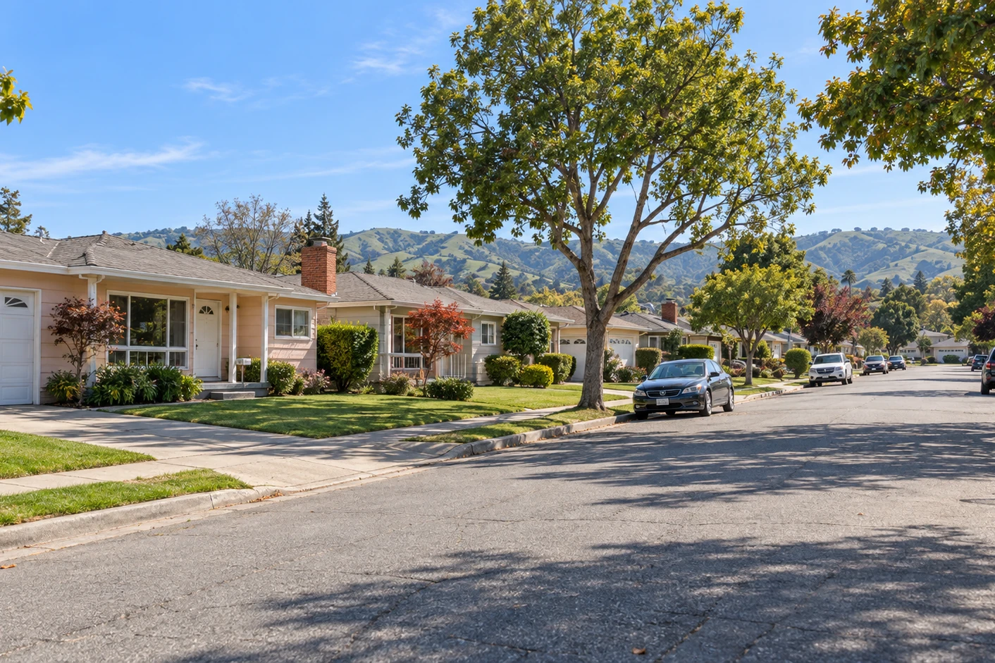 San Lorenzo Village street of post-war homes with the hills behind, California