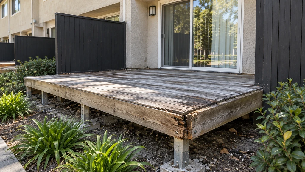Split rim board corner and gray decking on a low patio deck resting on concrete piers