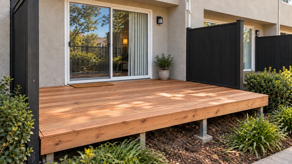 Rebuilt patio deck with new wood decking at the same Stockton townhome