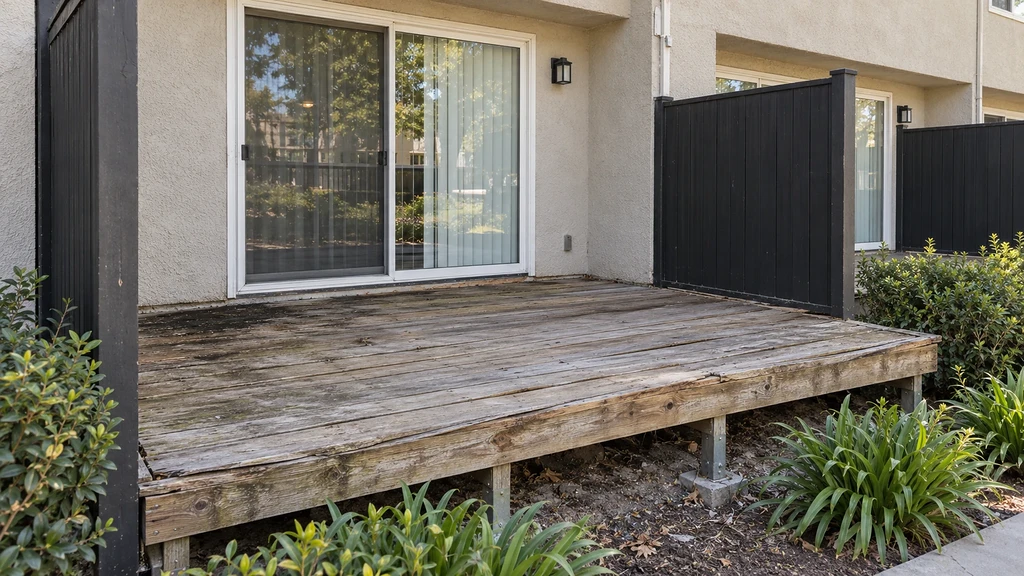 Weathered, cupped wood patio deck at a Stockton townhome before replacement