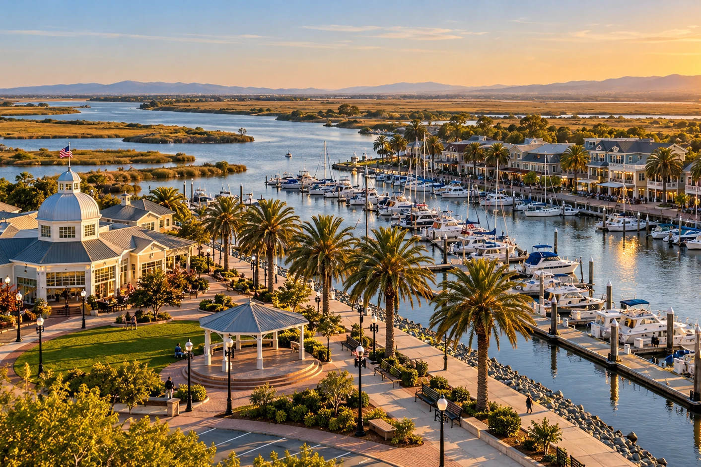 Suisun City, California waterfront and marina with the marsh beyond