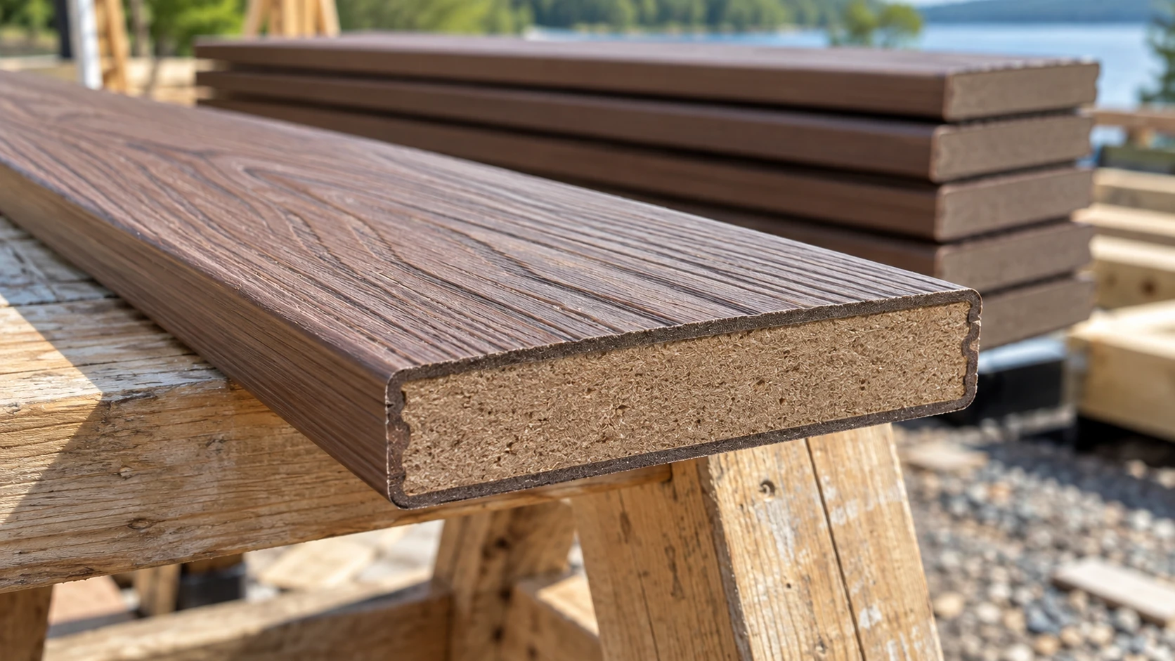 Cut end of a capped composite deck board showing the wood-plastic core under the shell