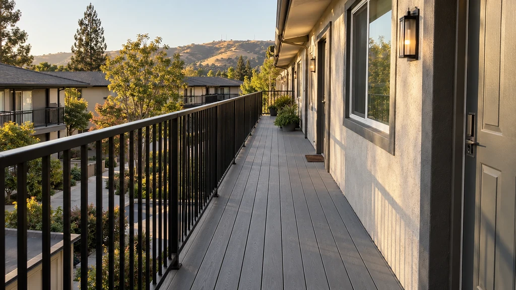 Gray composite decking on an apartment building's exterior walkway with a black metal railing