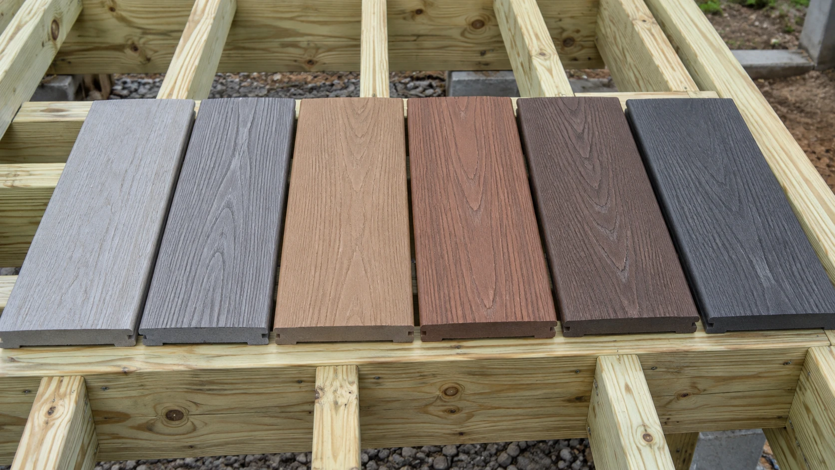 Six composite deck board color samples laid across pressure-treated joists