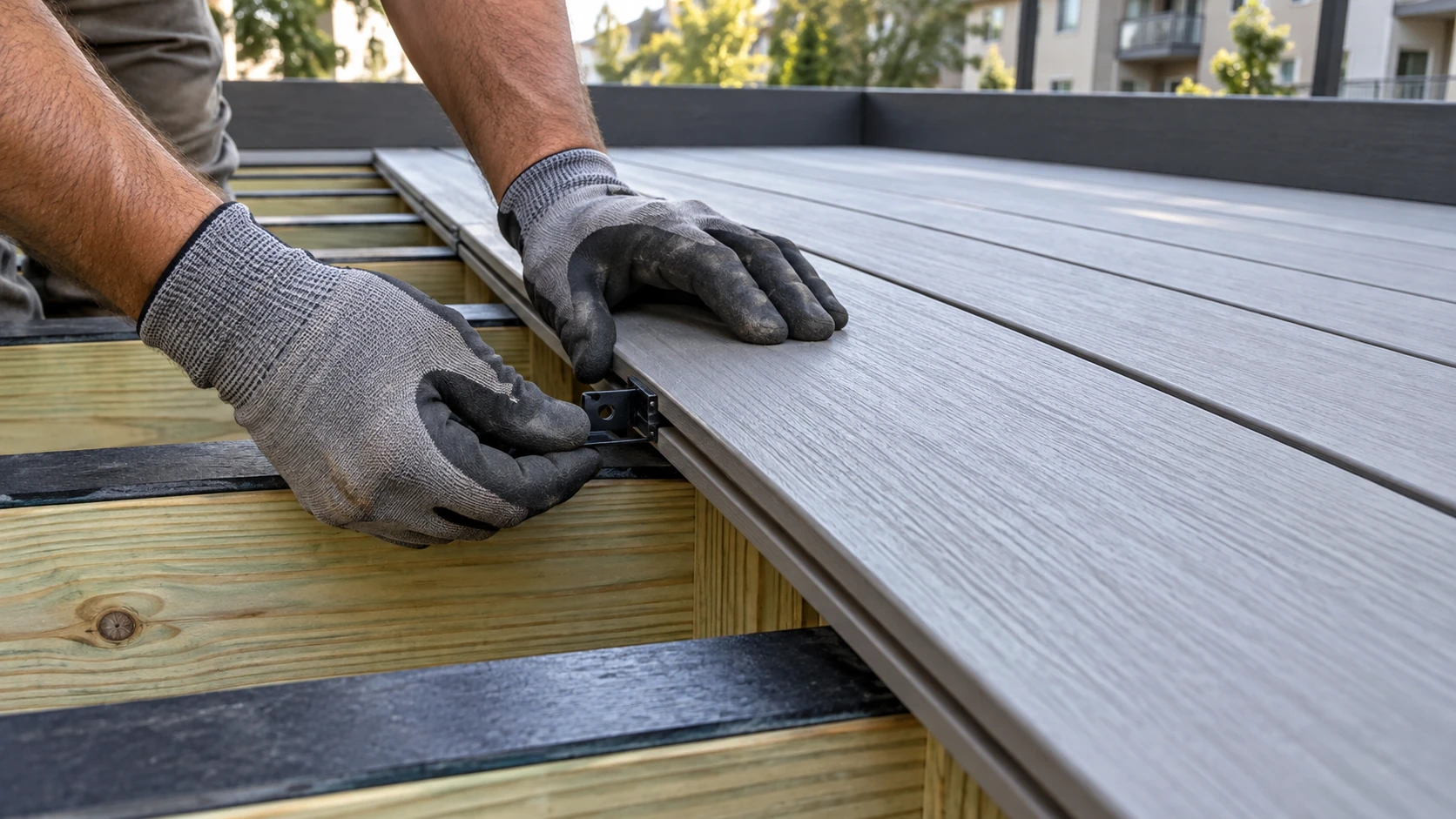 Installer setting a grooved-edge composite board with a hidden fastener clip on a joist