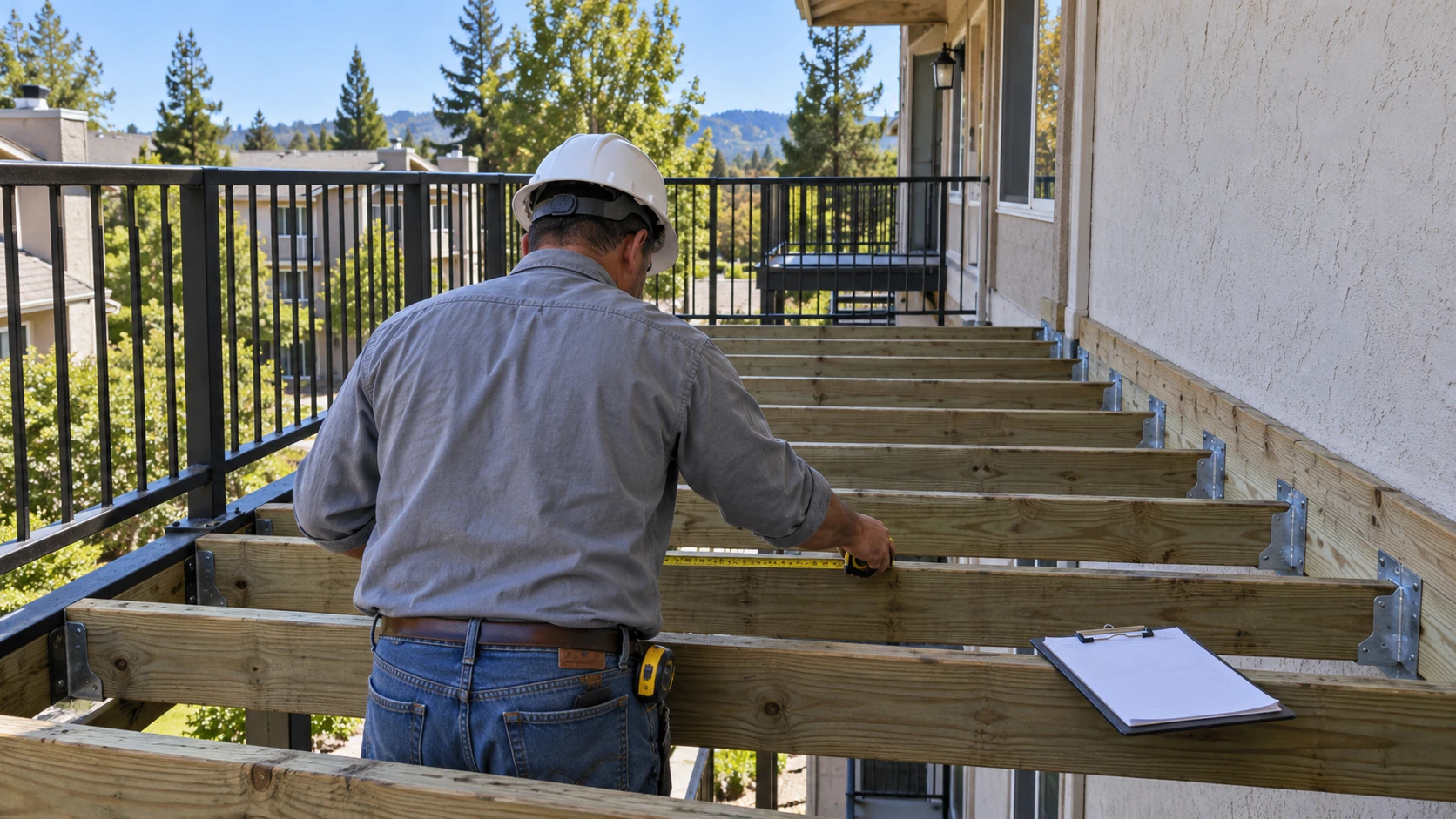 Contractor in a hard hat measuring joist spacing on an apartment walkway frame