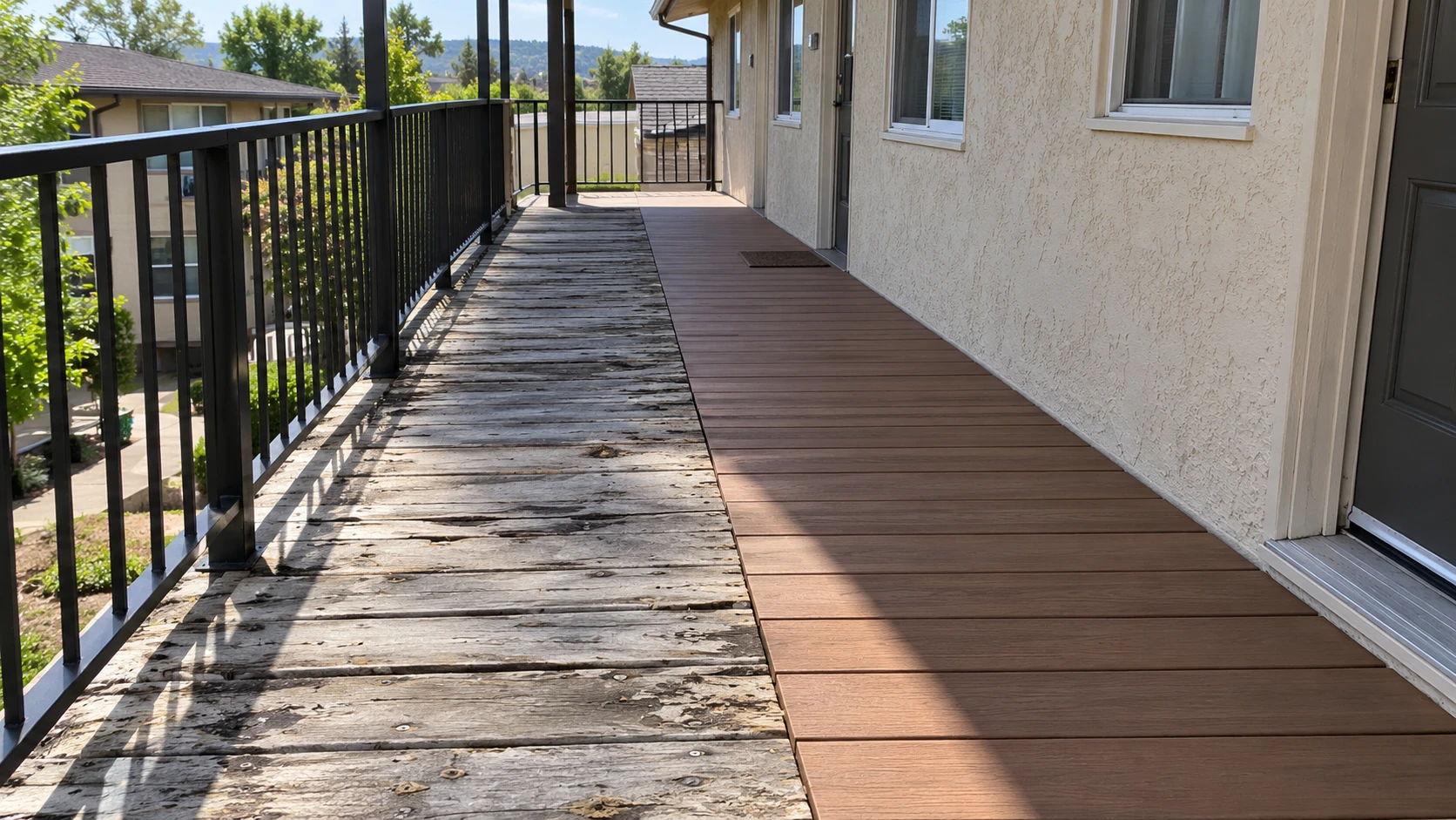 Apartment walkway half re-decked, weathered wood boards beside new brown composite boards