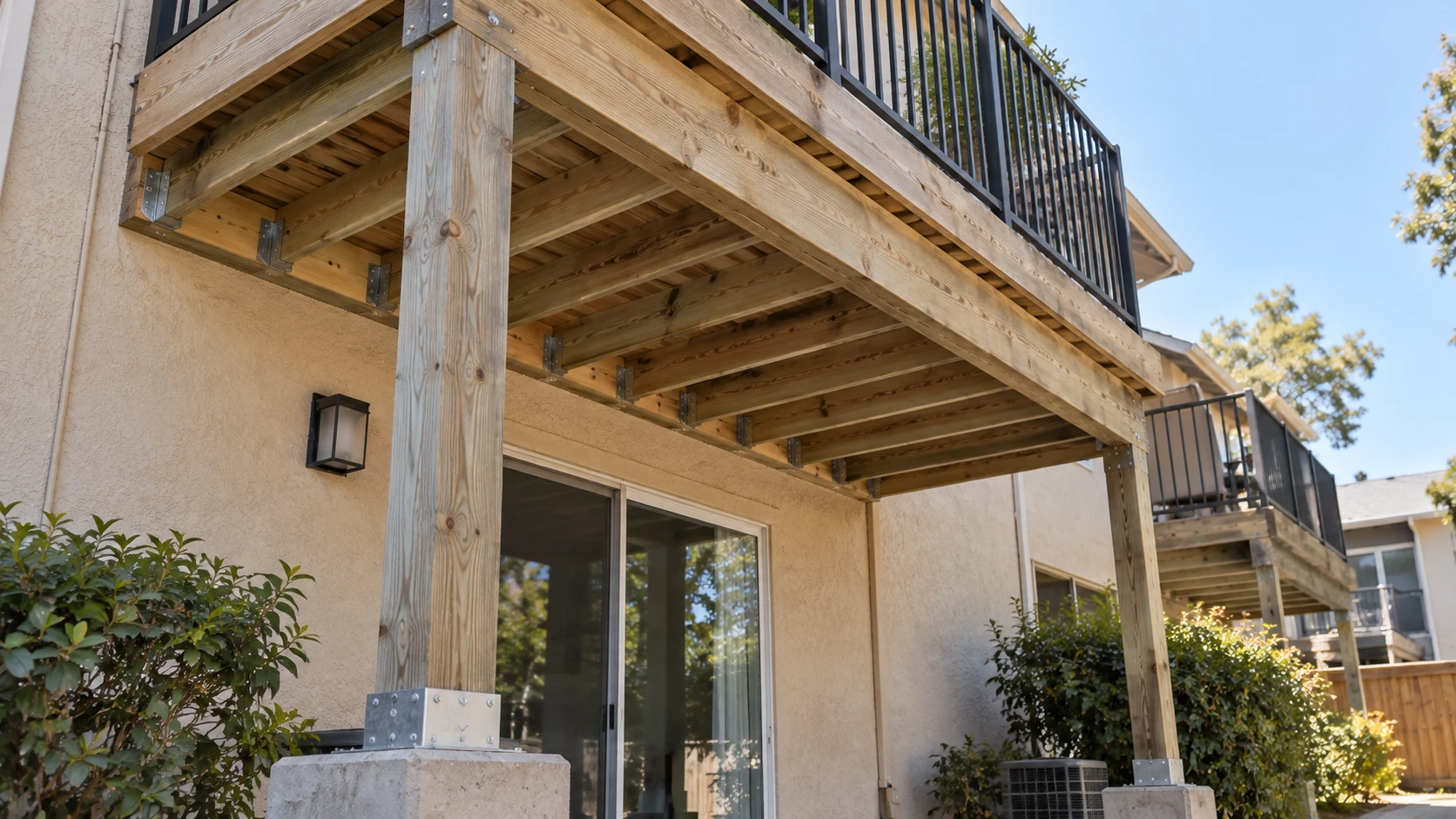 Underside of a wood balcony supported by posts, showing the joists