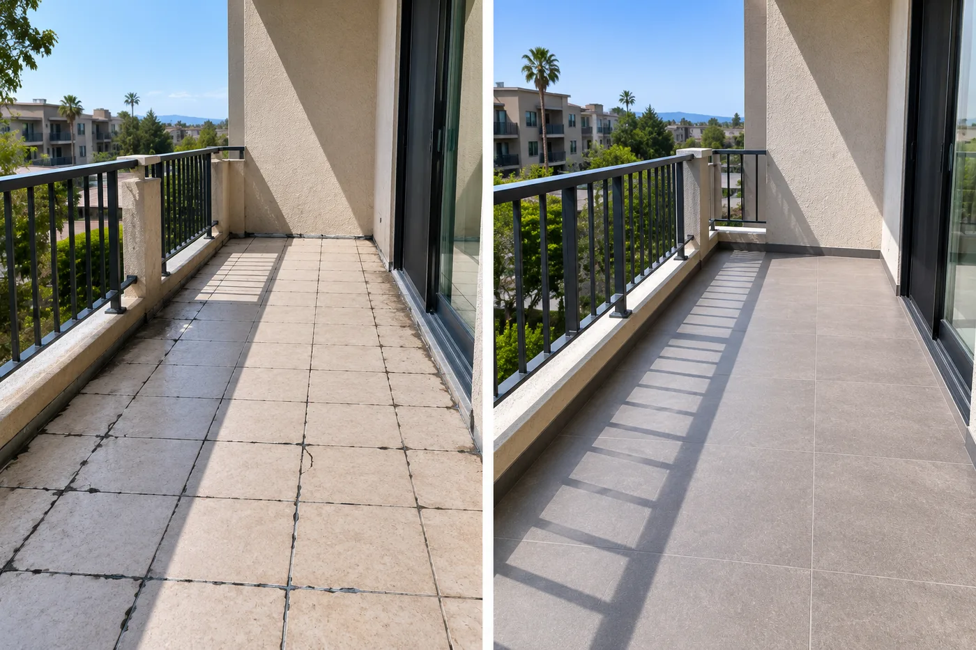 Thirty-four tiled balconies re-waterproofed on a Bay Area HOA condominium &mdash; before and after