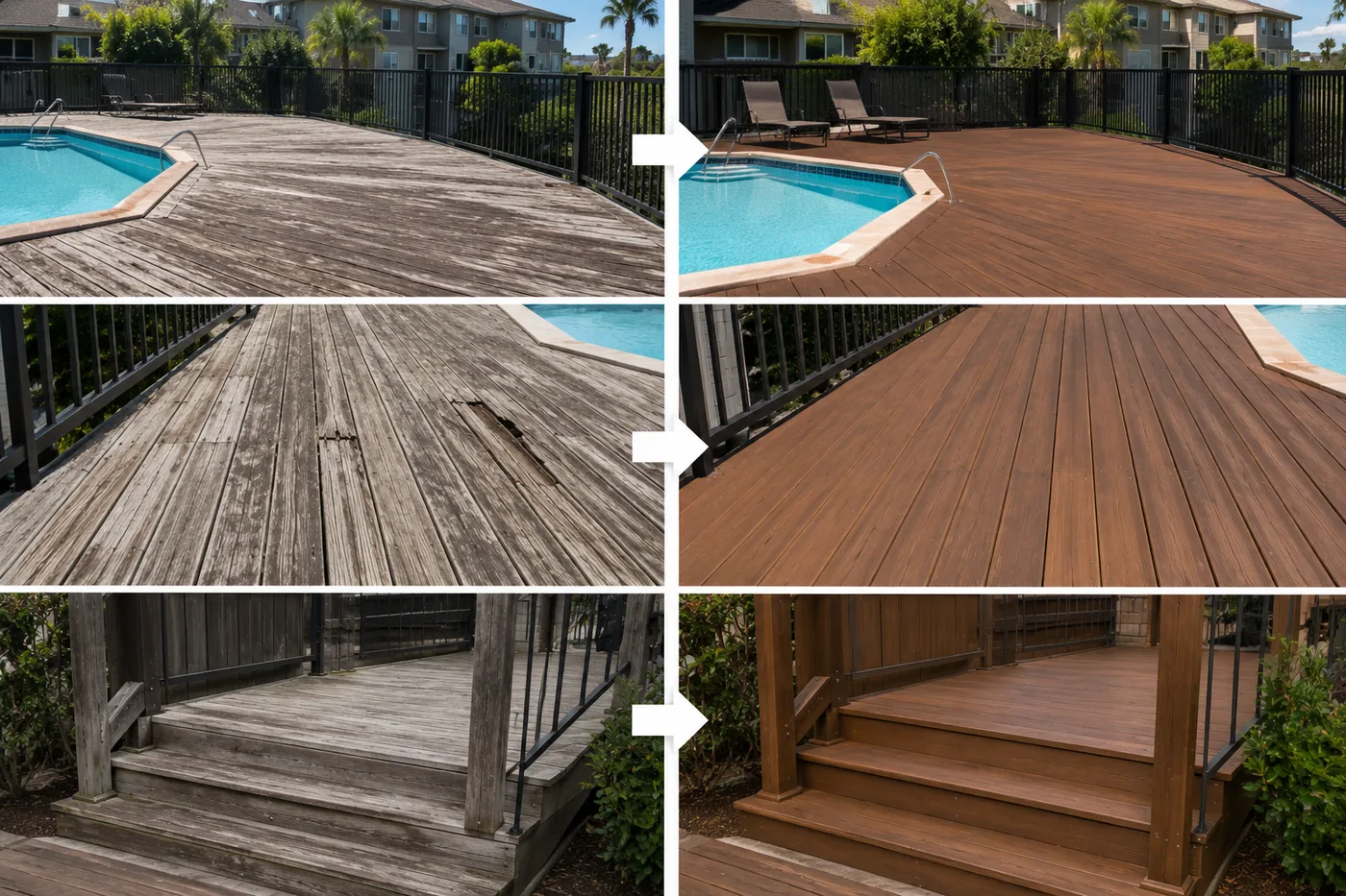 Before and after: a weathered, greyed wood pool deck restored to a sealed, slip-resistant finish