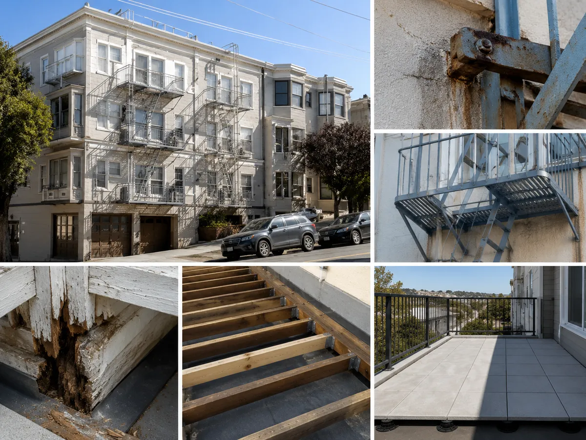 Section 604 inspection of wood balconies and metal fire escapes on a San Francisco apartment building