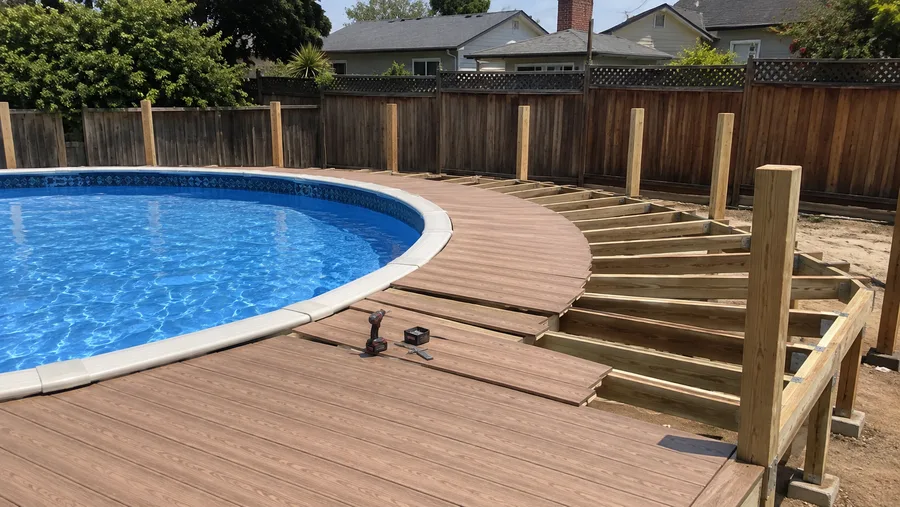 Above-ground pool deck with composite boards laid to the pool rim and stair framing beyond