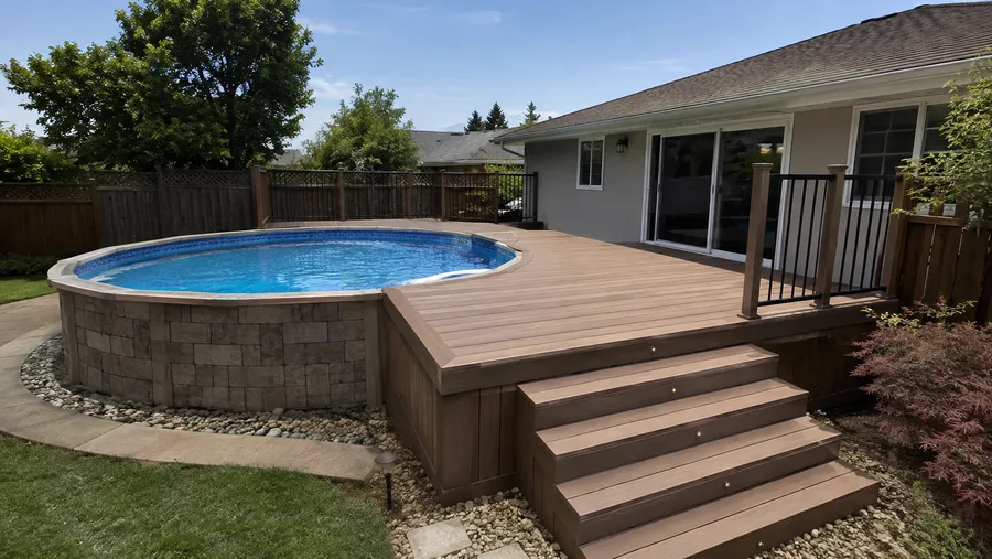 Above-ground pool deck with composite decking, wide steps and a stone pool surround