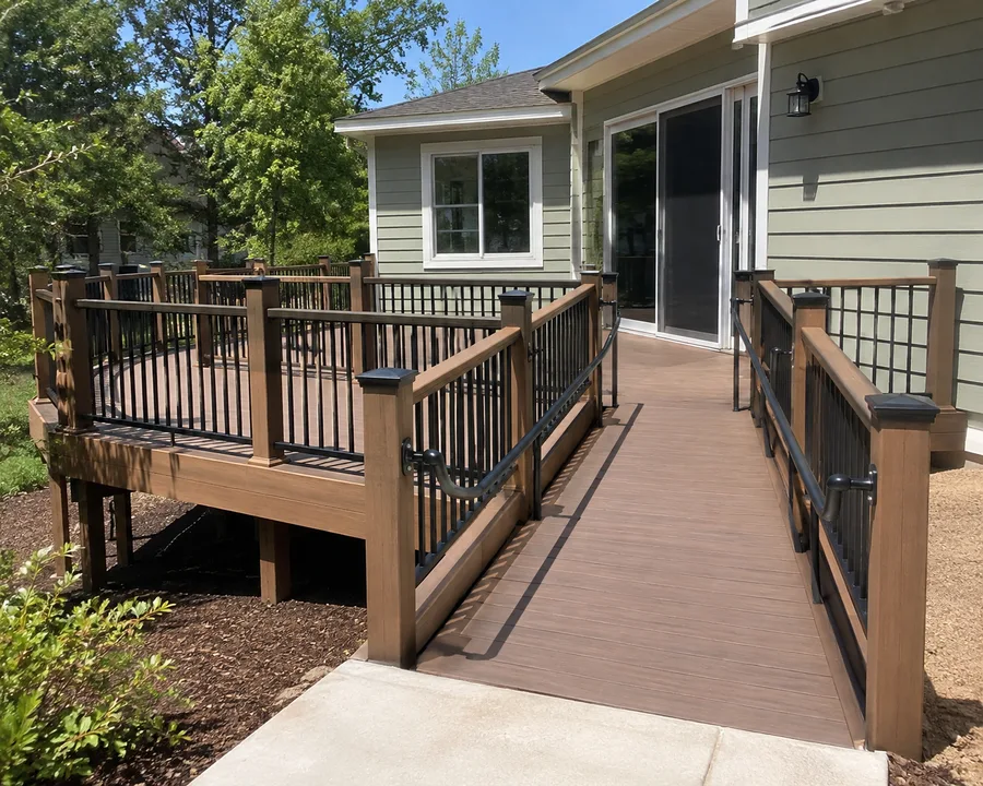 Composite deck with an integrated ramp, guardrails and graspable handrails to the door