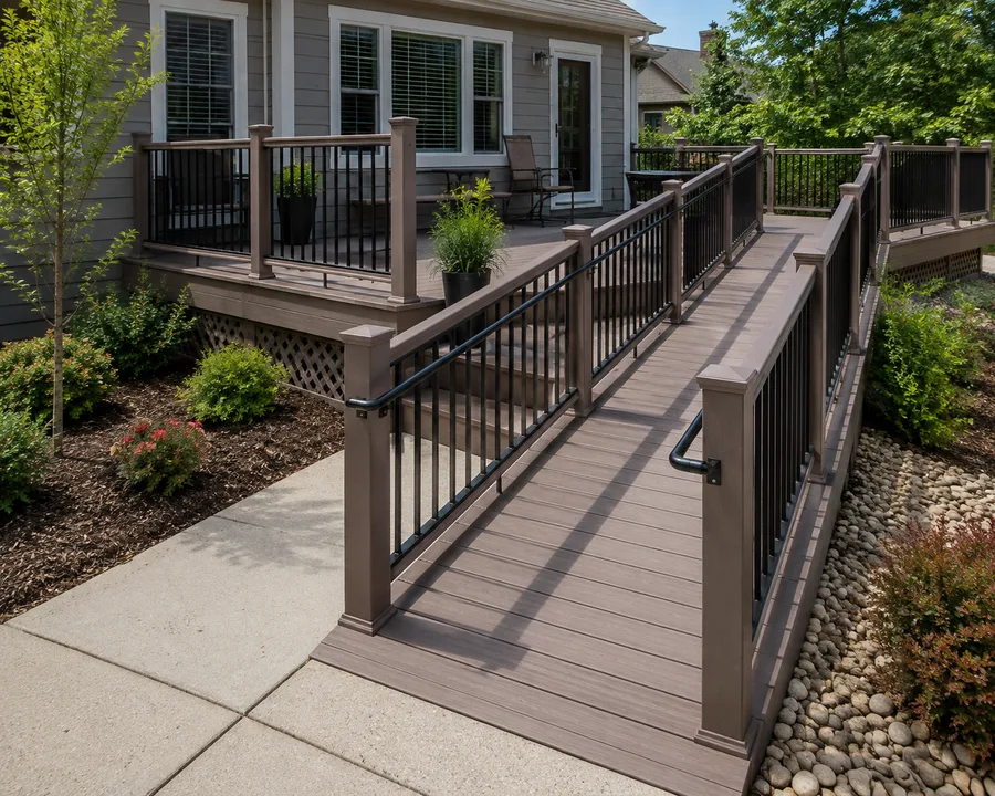 Ramp with handrails running alongside a deck, connecting to a concrete path at grade