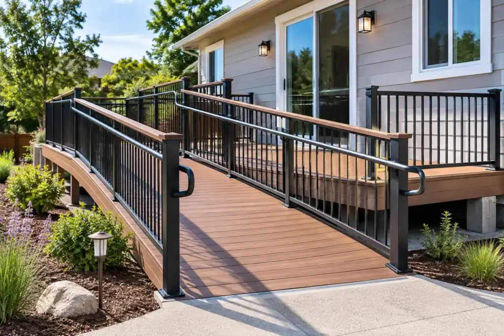 Accessible deck ramp with continuous handrails on both sides running up to a level landing