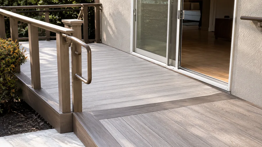 Deck surface finished flush with the interior floor at a sliding door, with no step at the threshold