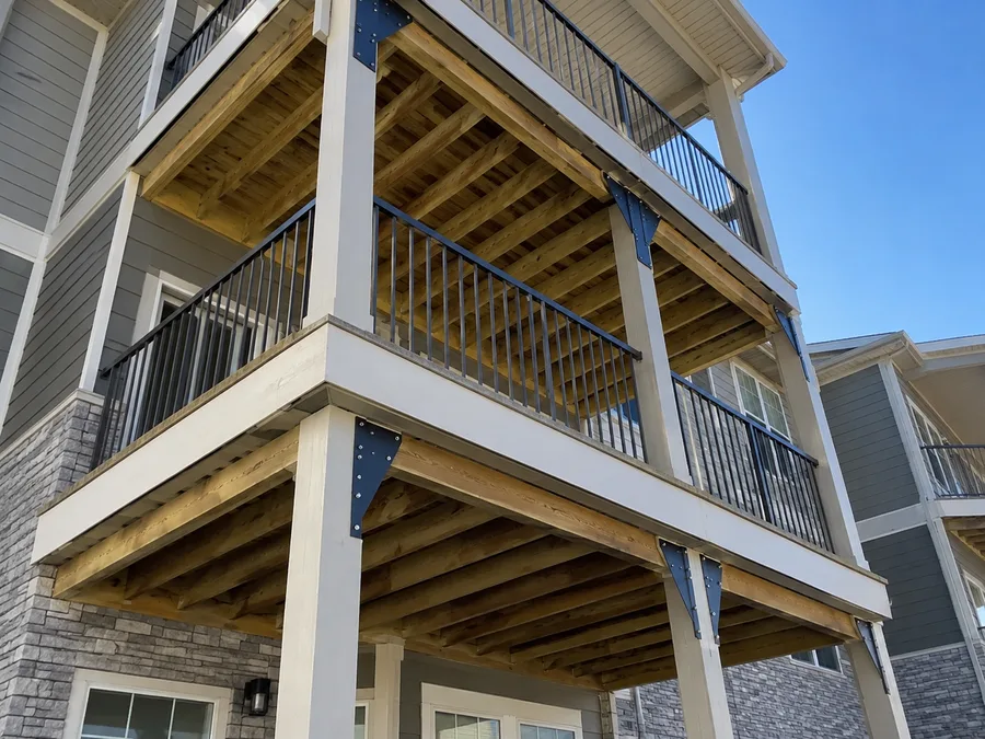 Covered balcony structure with exposed joists, steel knee brackets and supporting posts