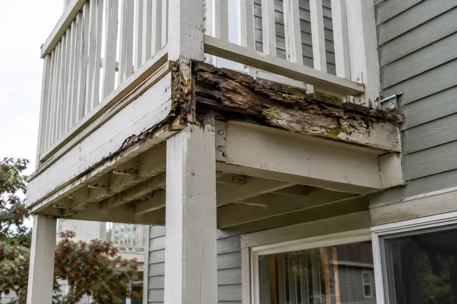 Rotted balcony rim and framing at the corner where the structure meets the building
