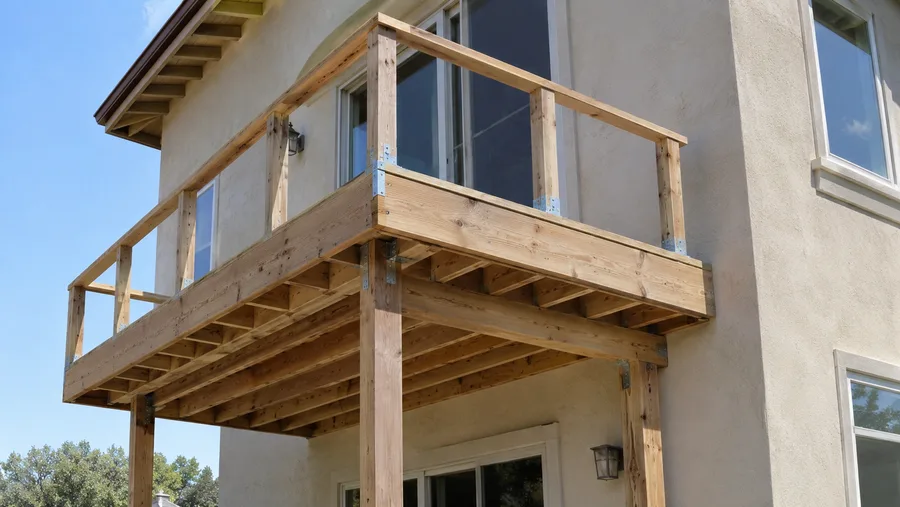 New balcony frame on posts with joists, rim and rail posts set against a stucco wall
