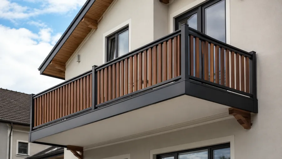 Finished balcony with metal-framed guardrail, timber infill and a closed soffit