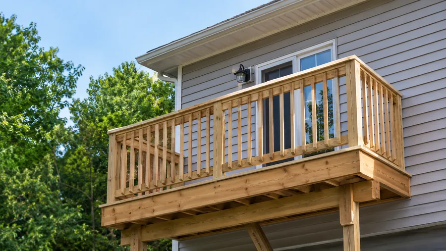 Completed timber balcony with matching guardrail, carried on posts