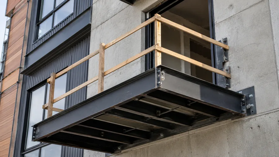 Steel balcony frame bolted to a concrete wall with temporary timber guarding in place