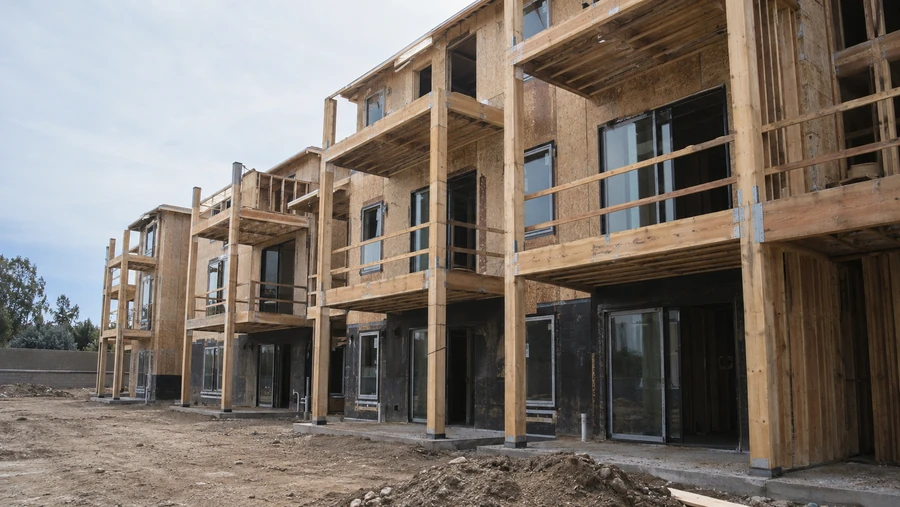 Wood-framed multi-unit building under construction with stacked balconies and temporary board guardrails