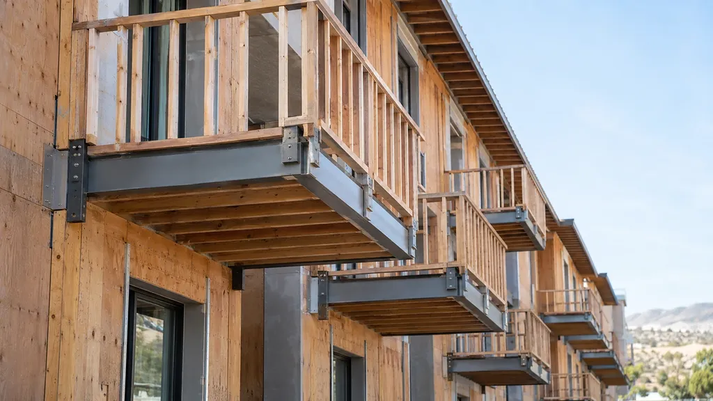 Cantilevered balcony framed with steel beams and timber joists on a plywood-sheathed building under construction