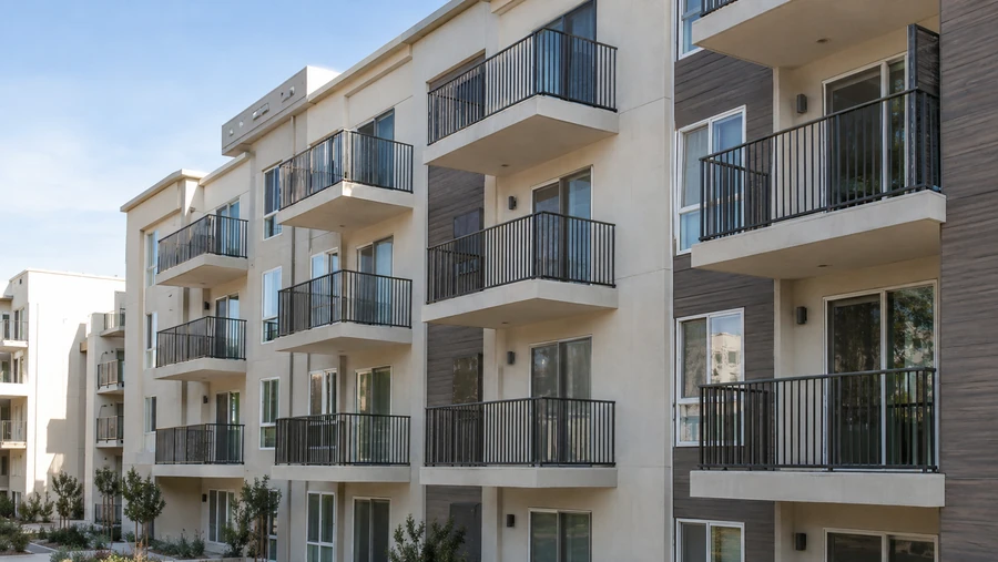 Four-story multi-unit building with black metal balcony railings and wood-look siding panels