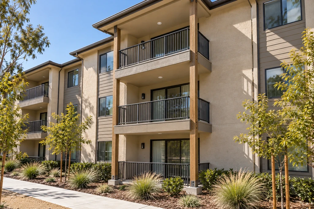 Three stacked apartment balconies in California carried on two continuous timber posts from concrete footings to the top level