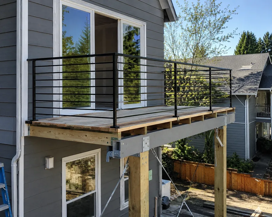 Balcony extension framed on a new steel beam with temporary shoring still in place